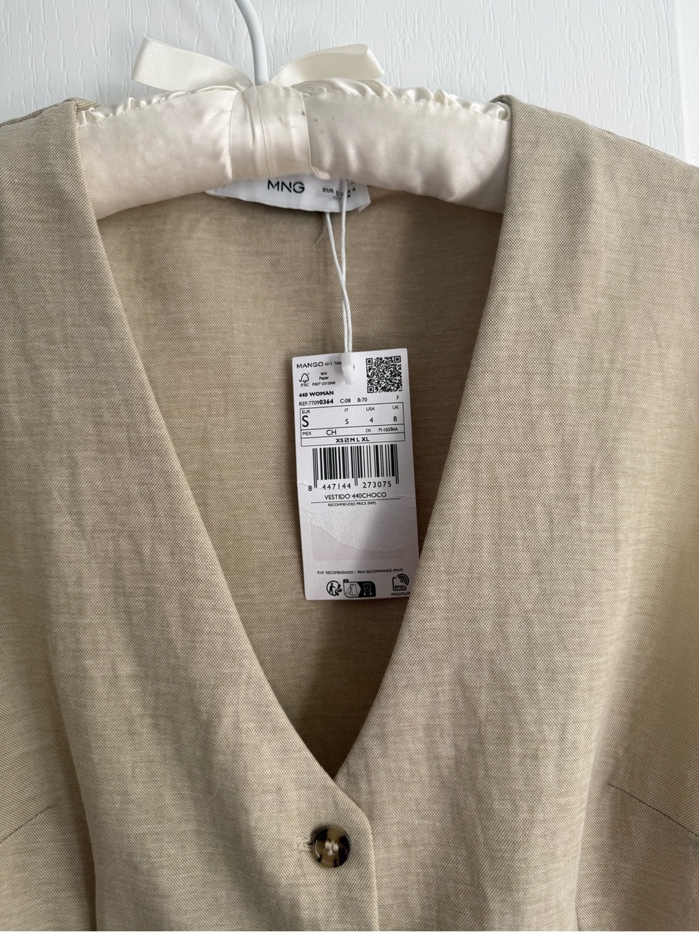 NWT Mango Mini Dress Button Up V-neck Sleeveless Tan /Oat Size S - Picture 8 of 11